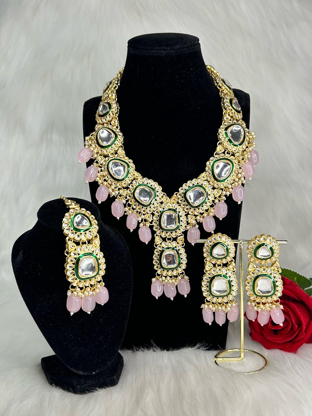Gold and Pink Kundan Necklace Set with Earrings And Tikka Set